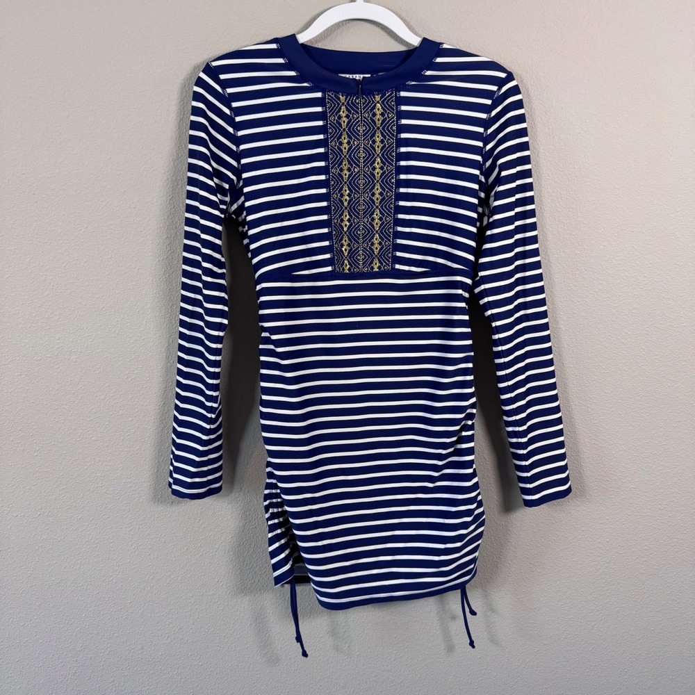Cabana Life Ruched Rashguard Navy White Striped 50 UPF Nautical Resortwear Med